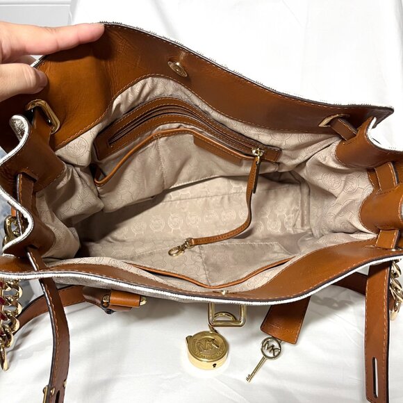 MICHAEL KORS Hamilton Large Saffiano Leather Logo Satchel - White Coated Canvas - Picture 12 of 15